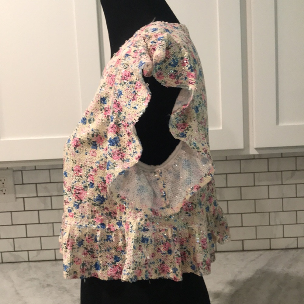 Zara Sequin Cropped Top Womens Small Cottagecore Barbiecore Ruffled Floral Boho - Picture 3 of 13